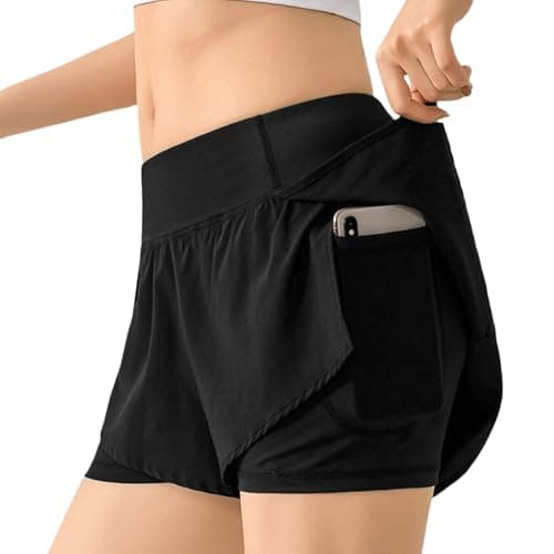 Image of JiaYouLC Womens 2 in 1 Running Shorts with Pockets Double Layer Quick Drying Stretch Activewear Shorts for Sports Workout Sport Training Jogging Gym (UK, Alpha, XS, Regular, Regular, BlackA)