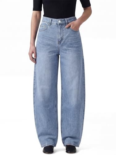 Image of Chasehot Barrel Jeans for Women, High Waisted Stretchy Trendy Wide Leg Sweatpant Jeans Vintage Relaxed Fit Baggy Boyfriend Cute Ladies Denim Pants, Light Vintage Blue-Size 14