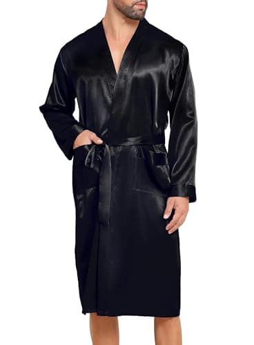 Image of Lovasy Mens Satin Robe Kimono Dressing Gown Lightweight Silk Bathrobe with Pockets,Black,XL
