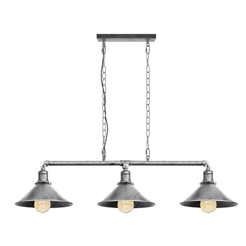 Image of LEDSone 3 Head Pipe Ceiling Pendant Light 102 cm Brushed Silver E27 Cone Metal Lamp Shade Adjustable Chain Steampunk Hanging Fixture for Kitchen Island, Dining Room, Bar, Loft