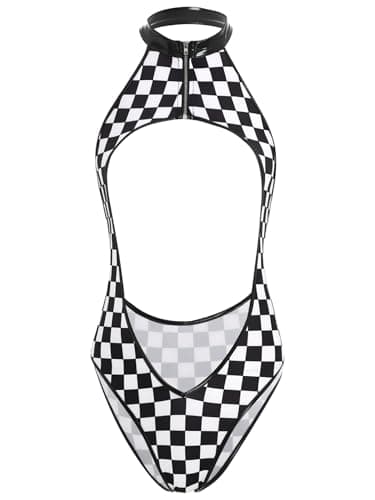 Image of Sywiyi Women's Sexy Race Car Driver Cosplay Bodysuit Checkerboard Pattern Leotards for Club Black M