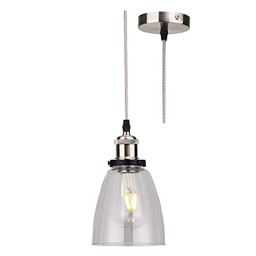 Image of Britalia Brushed Chrome & Clear Conical Tulip Glass Vintage Retro Pendant Ceiling Light | 14cm Diameter | Silver Braided Cable | 1 x ES E27 Lamp Bulb Required | 240 Volts | Bedroom - Lounge - Kitchen