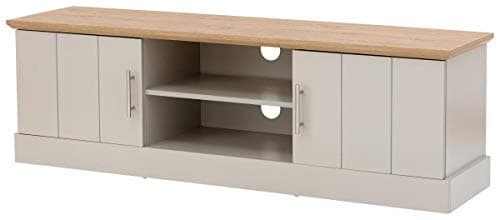 Image of GFW Kendal Oak Large TV Unit With Display Shelf & Storage Cabinets, Wooden Entertainment & TV Stand Cabinet With Rear Cable Entry For Max 65 Inch TV, Wood, Grey/Oak, H-48cm x W-150cm x D-39cm