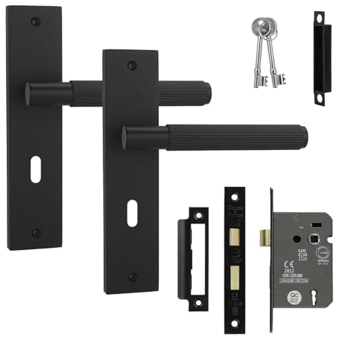 Image of Decoranddecor Hera Matt Black Keyhole Backplate Door Handle Set with 2.5in Fire-Rated Sash Lock & Keys – Secure Internal Lever Handles with Knurled Texture for Durable Classic Installations
