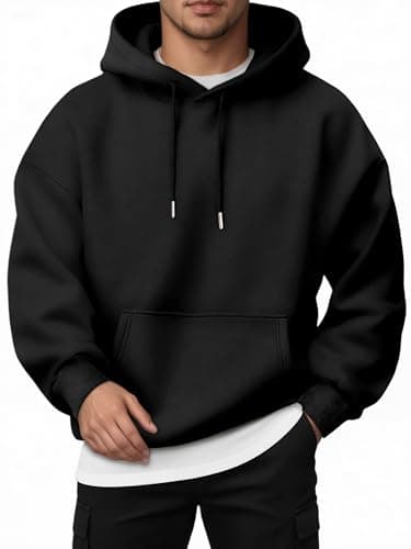 Image of Jhsnjnr Hoodies for Men UK Workout Fleece Lined Cotton Hoodie Drawstring Jumper with Large Pocket Plain Sweatshirts Black