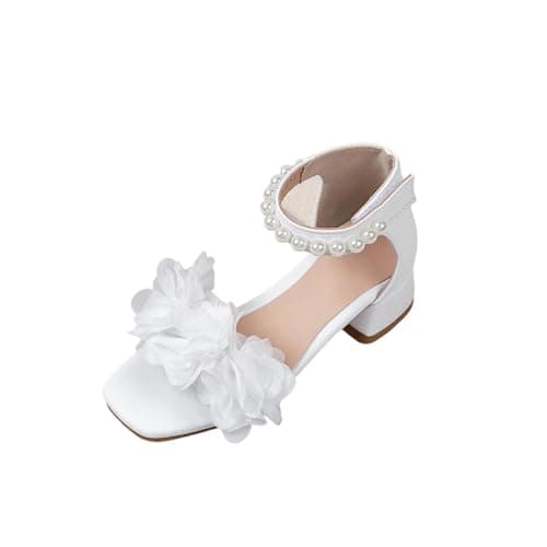 Image of Saxrel White Cute Accents Ankle Strap Girls Sandals Low Heel Dress Shoes - Non-Slip Princess School Shoes Soft Sole Kids Sandals for Wedding Birthday Party Performance UK Size 13.5