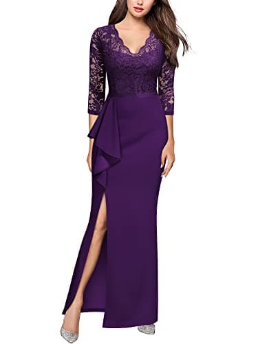 Image of MISSMAY Women's Vintage Floral Lace Ruffle 3/4 Sleeves Evening Party Formal Long Dress (X-Large, Purple)