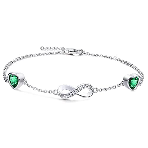 Image of Qings Infinity May Birthstone Bracelet 925 Sterling Silver Emerald Green Infinity Bracelets with 2 Green Heart Cubic Zirconia Charms Valentine's Day Birthday Birthstone Jewellery Gift for Women