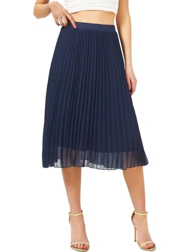 Image of Soudittur Women's Pleated Skirt Elastic Waisted A-Line Midi Skirt Elegant Chiffon Summer Skirts for Ladies Casual Evening Party Holiday (L, Navy Blue)
