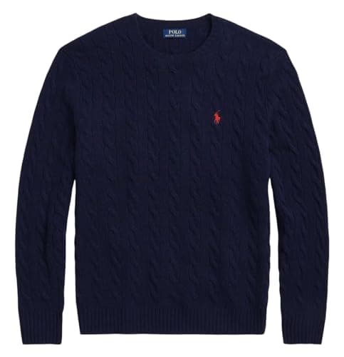 Image of POLO RALPH LAUREN Men's Cable Knit Cashmere Wool Crew Neck Jumper (UK, Alpha, L, Regular, Regular, Hunter Navy)