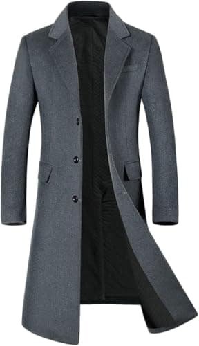 Image of YOUTHUP Mens Winter Coat Slim Fit Wool Overcoat Knee-Length Elegant Trench Coat Business Peacoat, Grey-Thick, L