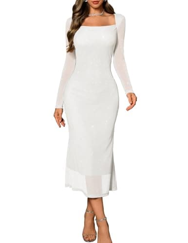 Image of DRESSTELLS Sequin Formal Dresses for Women, Sparkly Long Sleeve Bodycon Mesh Cocktail Wedding Guest Evening Party Prom Gala Funeral Dress White M