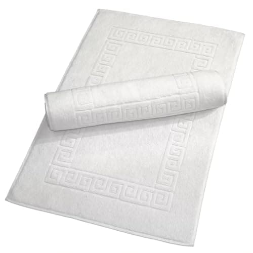 Image of Makooz 2 Cotton Bath Mats - Classic Greek Key Pattern 750 GSM - Not Bathroom Rug - Ultra Soft Touch, Water Absorbent, Quick Drying Plush Tub Shower Bathroom Floor Foot Towel - White 50x75 CM