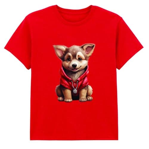 Image of Cute Puppy Wearing Hoodie Dogs Animals Kids Unisex T-Shirt Cartoon Graphic 7-8 Years Red