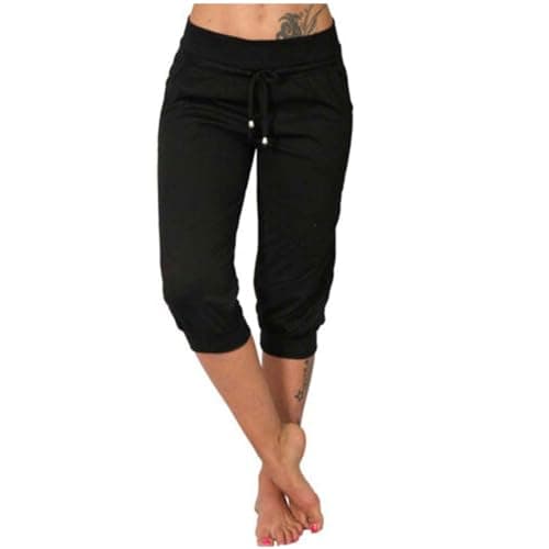 Image of OVARA Ladies Cropped Trousers Summer 3 Quarter Length Joggers Women Elasticated Waist Capri Pants with Pockets Plain Casual 3/4 Length Jogging Bottoms