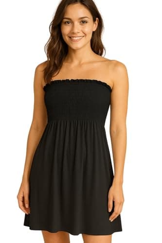 Image of STAR FASHION Women’s Strapless Sheering Ruched Bandeau Dress Plain Boob Tube Sleeveless Midi Dress Summer Holiday Beach Flared Dress Soft Stretch Black 16-18