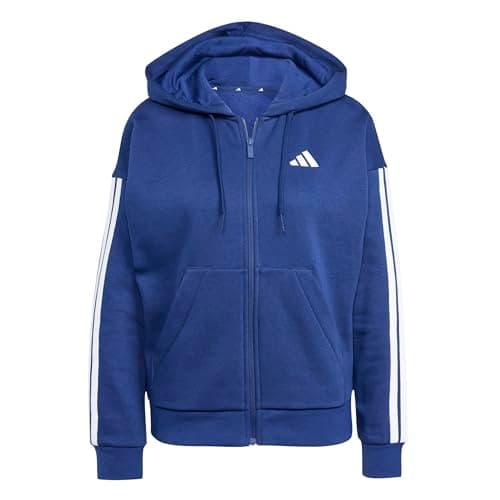 Image of adidas Women's ESSENTIALS 3-STRIPES FULL-ZIP FLEECE HOODIE, dark blue/white, S