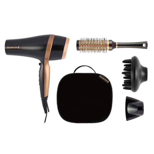 Image of Remington Hair Dryer (Gift Set with Concentrator & Diffuser, Ceramic Ionic Grille, 3 Heat & 2 Speed Settings and Cool Shot, Premium Storage Bag, Round Brush, 2000W) Salon Smooth D6960GP