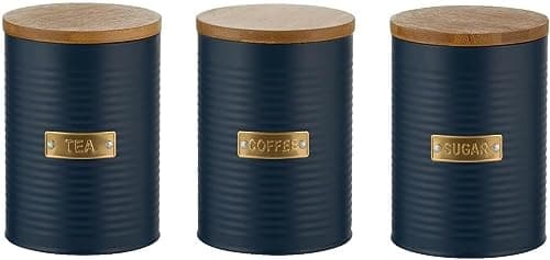 Image of Home Deco London Tea Coffee and Sugar Set of 3 Round Containers Perfect for Storing | Airtight Kitchen Storage Caddy Canister Jars | with Bamboo Lid 1 Litre (Navy Tea, Coffee & Sugar Storage Set)