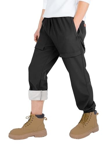 Image of CAMLAKEE Waterproof Thermal Walking Trousers Kids Softshell Pants Boys Hiking Fleece Cargo Bottoms with Adjustable Drawstring Black Fleece UK:8-9 Years (manufacturers's Size: 140)