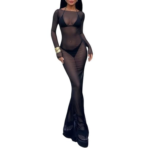 Image of Women's Sheer Maxi Dress, Long Sleeve See Through Mesh Bodycon Dress, Sexy Transparent Off Shoulder Swimsuit Bikini Cover Up, Sexy Black Beach Dresses for Night Going Out Evening Date