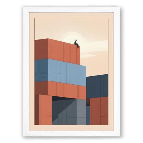 Image of Bird on Containers Modern Framed Wall Art Print A3 (42×29.7cm) White, Wall Decor for Living Room, Bedroom, Office & Home, Ready to Hang, Art Gift