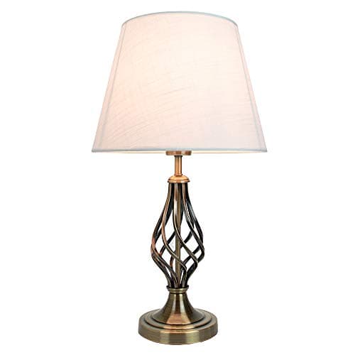 Image of Happy Homewares Traditional Antique Brass Table Lamp with Barley Twist Metal Base and Ivory White Linen Shade | 60w Maximum | Ideal for Bedside Lamps