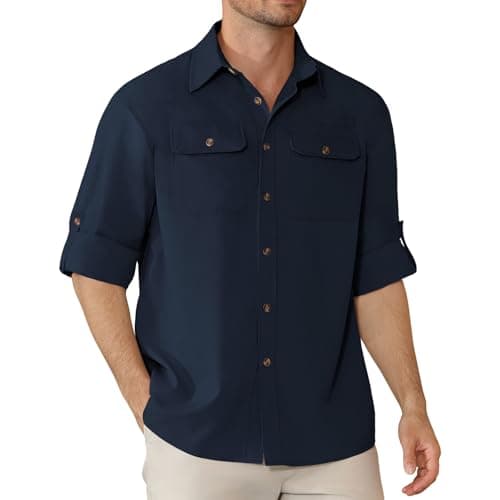 Image of Focixfor Men's Long Sleeve Safari Hiking Shirt Button-Down Quick Drying Fishing Breathable Outdoor Shirts Navy Blue M