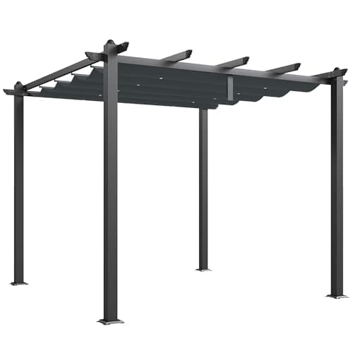 Image of Outsunny 3 x 3(m) Pergola with Retractable Roof, Aluminium Frame Garden Gazebo Canopy Outdoor Sun Shade Shelter for Grill, Patio, Deck, Dark Grey