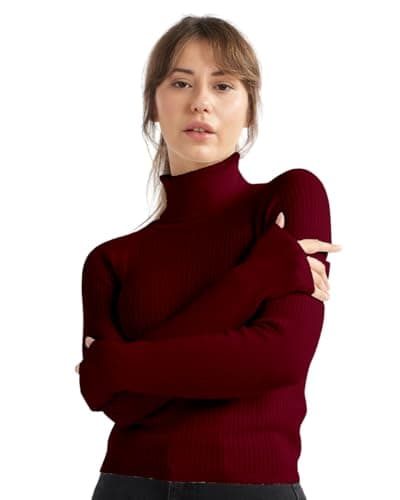 Image of alsestudio Women`s Turtle Neck Jumper Premium Quality Silk Touch Long Sleeve Soft Ribbed Pullover Essential Knitted Roll Neck Sweaters (Burgundy, Large)
