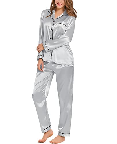 Image of SWOMOG Pyjamas for Women Silk Satin Pyjama Set Soft and Lightweight Pjs Long Sleeve Sleepwear 2 Piece Set Gray