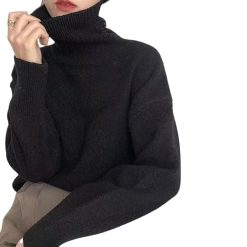 Image of Ladies Roll Neck Jumper Faux Cashmere Elegant Turtle Neck Women Sweater Soft Knitted Basic Pullovers O Neck Loose Warm Female Knitwear Jumper (Black)