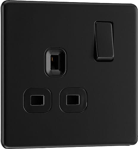 Image of BG Electrical Single Switched Power Plug Wall Socket, Screwless Front Plate, Slim Profile, Premium Flatplate, Matt Black, 13A, FFB21B