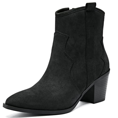 Image of Ruiee Women's Cowboy Ankle Boots Western Cowgirl Chunky Heeled Booties Classic Casual Comfortable Low Mid Heel Short Boots for Women.240969 Black PU UKSize6.5