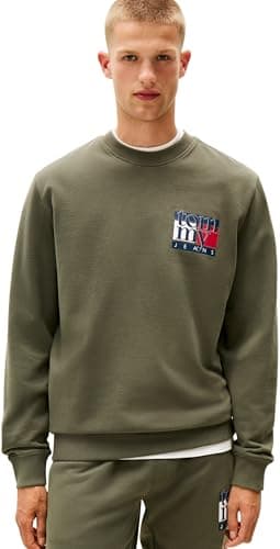 Image of Tommy Jeans Men’s Flag Crew Round Neck Sweatshirt, Green (Pewter Green), M