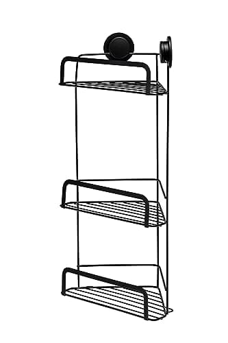 Image of Croydex Stick 'N' Lock Three Tier Black Shower Caddy - Corner Shower Shelf No Drilling Bathroom Storage Solution with Sticky Pad Easy-Clean 5 Year Rust-Free Guarantee, Mild Steel