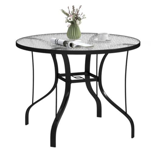 Image of Outsunny Outdoor Dining Table with Parasol Hole, Tempered Glass Top Metal Frame Coffee Table, Round, 96.5 x 96.5 x 71 cm