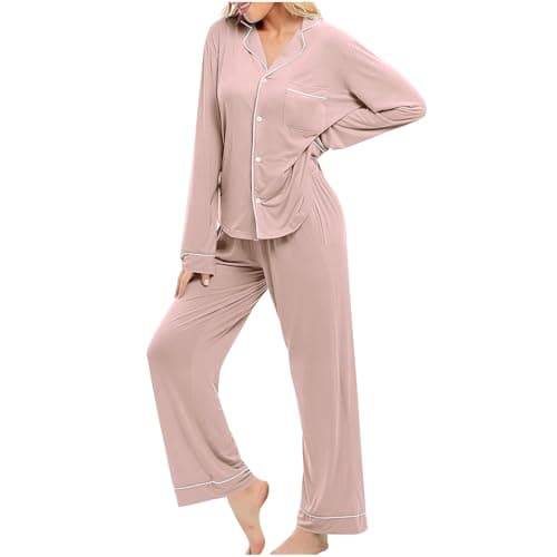 Image of Womens Pyjamas Set Long Sleeve Nightwear V Neck Button Down Tops and Wide Leg Pants with Pockets Loose Sleepwear Soft Loungewear Pj Set Ladies Pajamas Set UK Size S-XL Pink