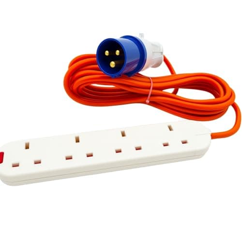 Image of 16A to 13A Extension Lead 5 Metres – Camping Electric Hook Up Cable with UK 3-Pin Plug Sockets – 240V Mains Lead for Caravans, Motorhomes, Catering Trailers & Generators – 3-Pin Blue Plug