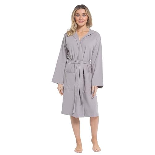Image of Daisy Dreamer Women's Hooded Waffle Cotton Bathrobe Dressing Gown Super Absorbent Spa Robes Ideal for Home & Loungewear, Grey Large