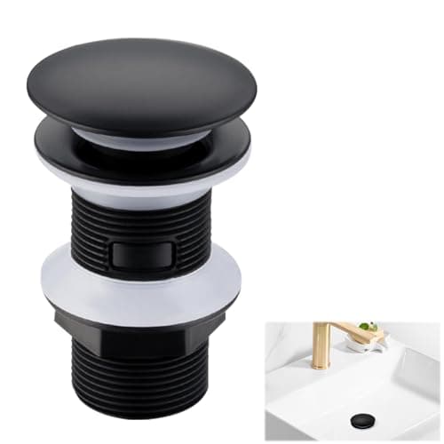 Image of Bathroom Sink Waste Unslotted Pop Up Basin Waste, Click Clack Basin Waste Unslotted, Matt Black Pop Up Brass Sink Waste, for Washbasin Sink Tap Bathroom, Without Overflow (Dome)