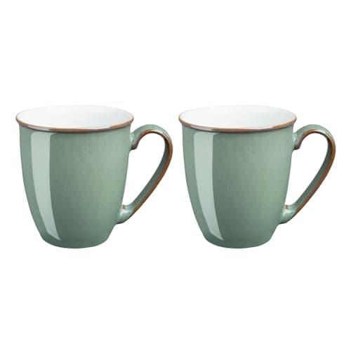 Image of Denby - Regency Green Coffee Mug Set of 2 - 330ml Stoneware Ceramic Tea Mug Set For Home & Office - Dishwasher Safe, Microwave Safe - Green, White - Chip Resistant