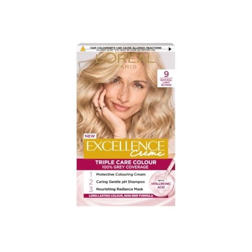 Image of L'Oréal Paris Excellence Crème Permanent Hair Dye, Radiant At-Home Hair Colour with up to 100% Grey Coverage, Pro-Keratin, Up to 8 Weeks of Colour, Colour: 9 Natural Light Blonde