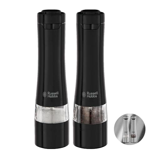 Image of Russell Hobbs 28010-56 Electric Salt and Pepper Mill Set [2 Automatic Grinders] Black Stainless Steel (Adjustable Grinding Fineness, Ceramic Grinding Wheels, for Dried Spices, LED Lighting)