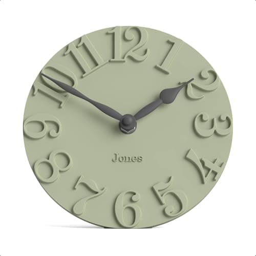 Image of Jones Clocks® Hampstead desk clock | Freestanding | Sage green | Elegant raised moulded numerals | Ideal for shelf mantel living room home office or bedside