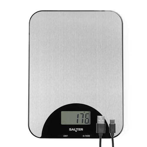 Image of Salter Stainless Steel Rechargeable Scale – Kitchen Scale, Add & Weigh Multiple Ingredients, Measure Liquids, USB Charge, LCD Display, Slim Design, 5kg/11lb Capacity, for Baking & Cooking, Silver