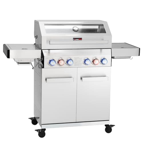 Image of CosmoGrill 6 Burner Stainless Steel Yamara 4+2 Gas BBQ, Viewing Glass, 4 Main Burners, 1 Ceramic Sear Zone, 1 Back Grill, Cast Iron Grills & Bamboo Storage (Silver)