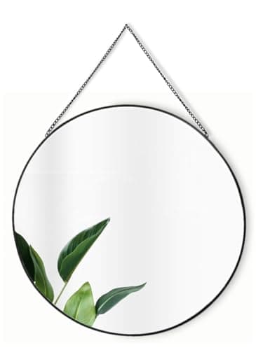 Image of GreyZouq Large Black Round Metal Rimmed Wall Mirror with Chain (50cm). Perfect for Bathroom, Bedroom Hallway and Living Room Contemporary Vintage.