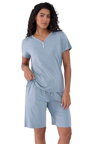 Image of Joyaria Womens Light/Lightweight PJs Short Sleeve Henley Neck Jersey Knit Viscose Made from Bamboo Pyjama Shorts Set (Dusty Blue, M)
