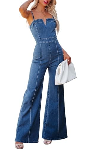 Image of Women's Casual Denim Jumpsuit Sleeveless Adjustable Strap Stretchy Flare Jeans Long Pants Rompers, Blue, M